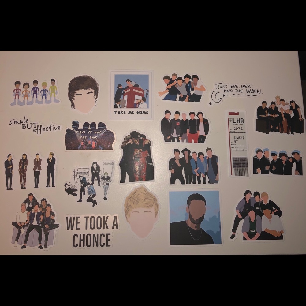 20 one direction stickers + 5 random 4x6 1d prints